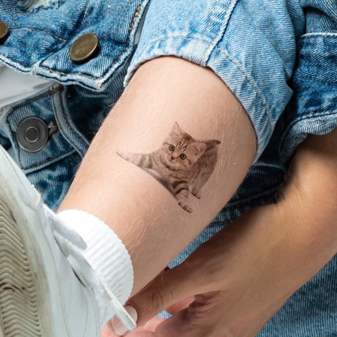 Neotraditional cats portrait tattoo on the thigh.