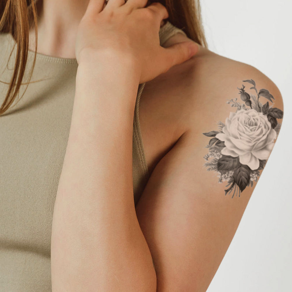 Gray Single Rose Temporary Tattoo 4.5 in x 3.5 in