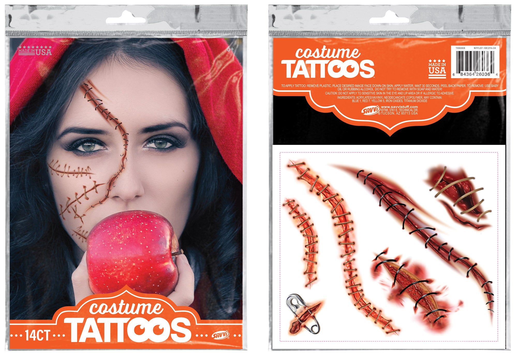 Savvi Halloween  Nitefall  Stitches Costume Temporary Tattoo Set 17 in x 5.25 in